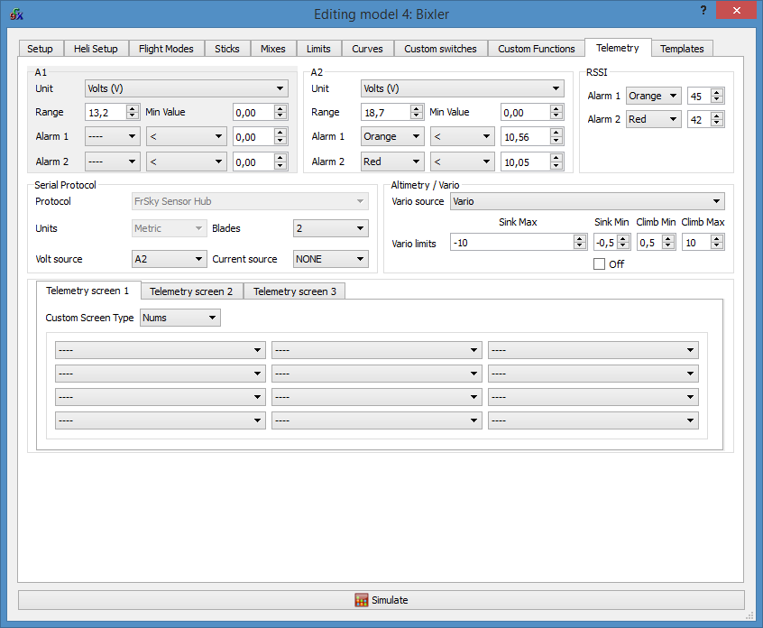 Screenshot from Companion9X showing the telemetry configuration
